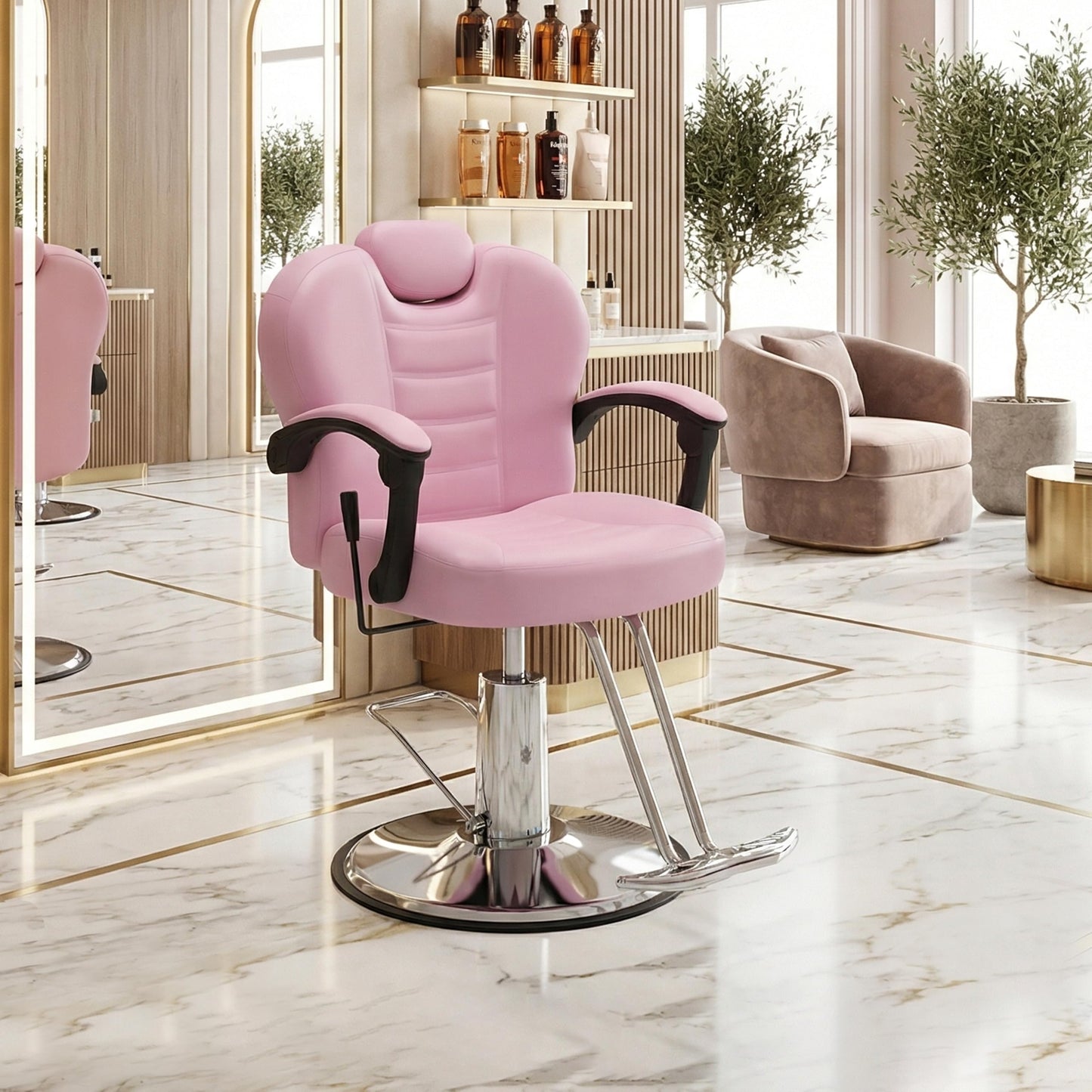 KEIKI Reclining Barber Chair for Barbershop, 90°-150° Adjustable Salon Styling Chair with Heavy Duty Hydraulic Pump, 360° Swivel PU Leather Hair Stylist Chair with Headrest & Footrest, Pink