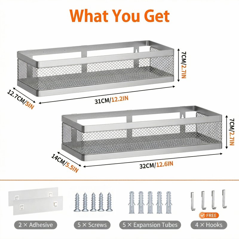 PUSDON Mesh Shower Caddy Wall Mount, Heavy Duty Adhesive Bathroom Shelf Organizer, Rustproof Floating Spice Rack for Kitchen Pantry, Holds 50 LBS, Multi-Purpose Storage Silver Gray -2 Packs (Netting)