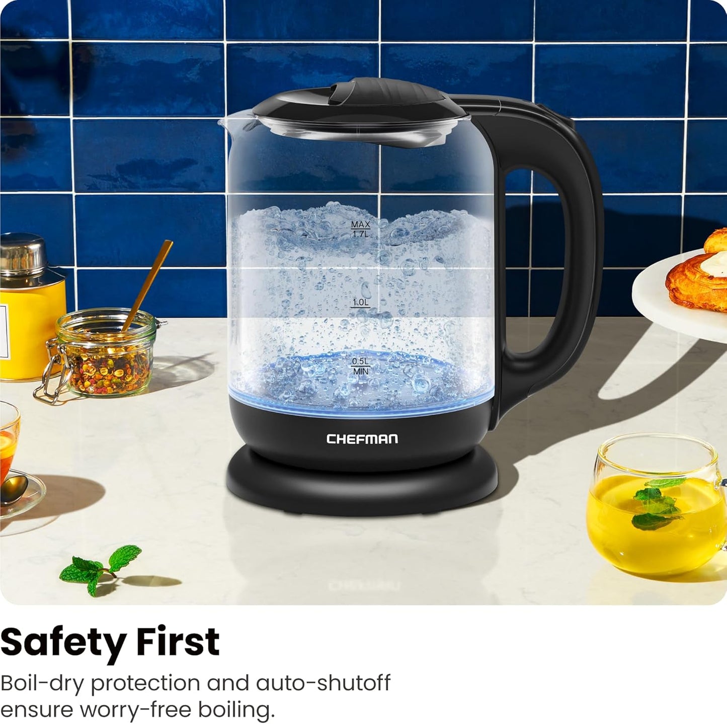 Chefman 1.7 Liter Electric Glass Tea Kettle, Fast Hot Water Boiler with One Touch Operation