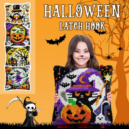 veirousa Halloween Flying Witch Latch Hook Kits for Adults Kids Beginners Pumpkin DIY Latch Hook Rug Kit Pre-Printed Hook and Latch Carpet Making Kits Cross-Stitch Wall Hanging Crochet Set 15x20 Inch