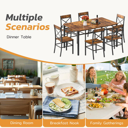 Zevemomo 7-Piece Dining Table Set, Kitchen Table Chairs Set of 6, Dining Room Sets for 6, Farmhouse Dining Table Set with 6 X-Shaped Curved Backrest Chairs, for Kitchen & Living Room-Rustic Brown