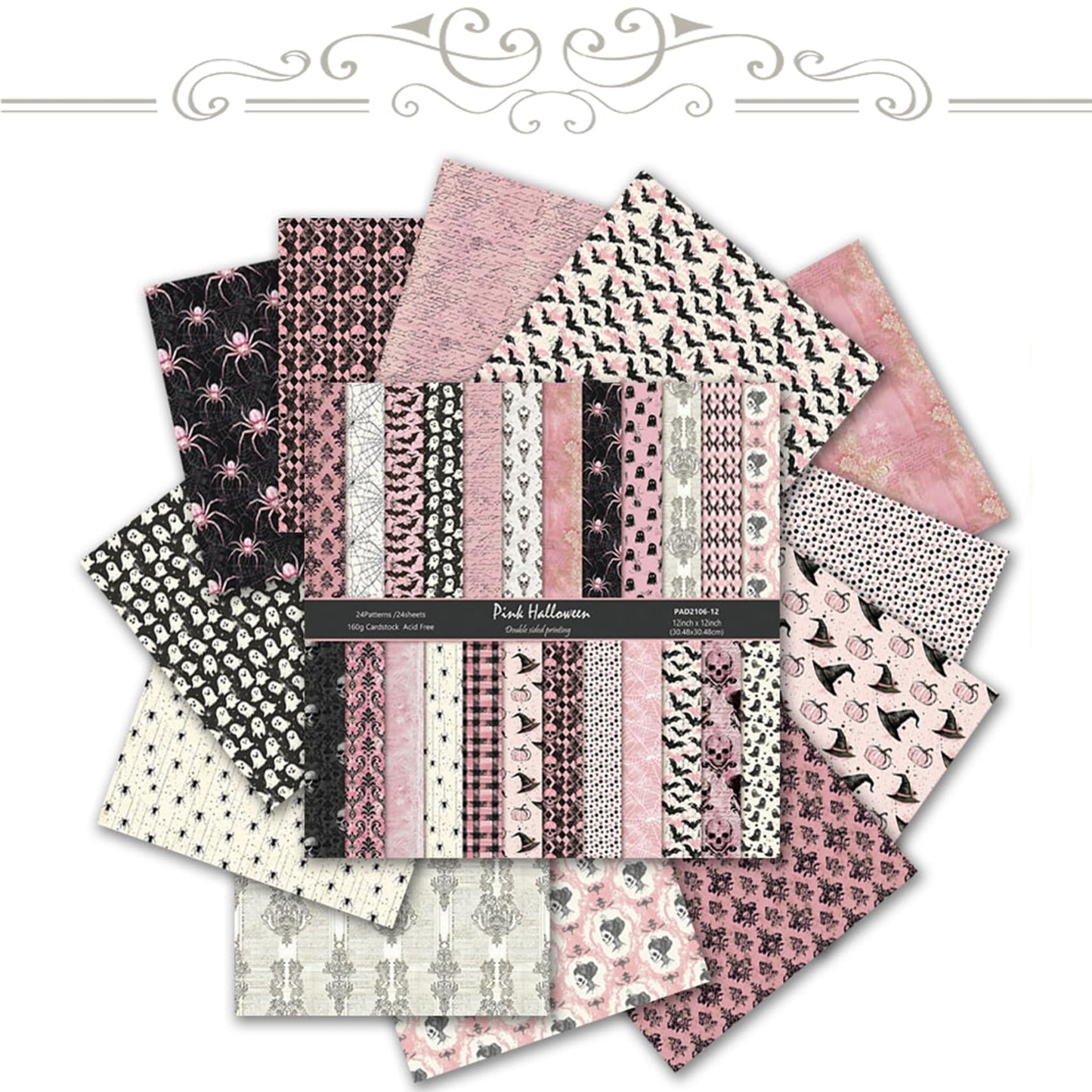 12 x 12 Scrapbook Paper, 24 Sheets Boho Pink Halloween Tone Double-Sided Decorative Cardstock Sheets for Scrapbooking, Crafts, DIY Albums, Junk Journals