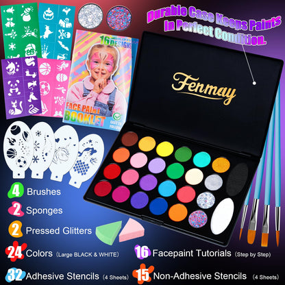 Fenmay Face Painting Kit for Kids, Non-Toxic and Hypoallergenic Face Paint Makeup Kit| with Stencils, Book, Easy to Use and Safe for Kids, Fun for Halloween, Birthday Party, School Event