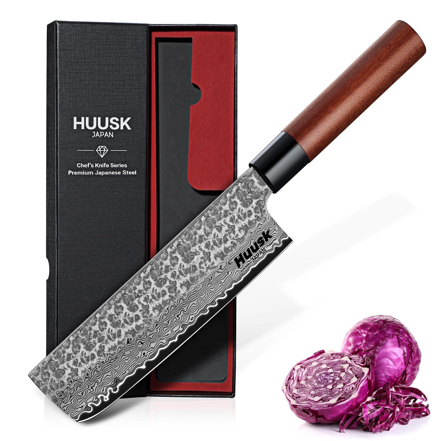 Huusk Japanese Nakiri Knife 7-Inch - Hand Forged Meat Cleaver Vegetable Chopping Knife, VG10 Damascus Chef Knives with Rosewood Handle, Japanese Kitchen Knives for Cooking, Gifts for Men