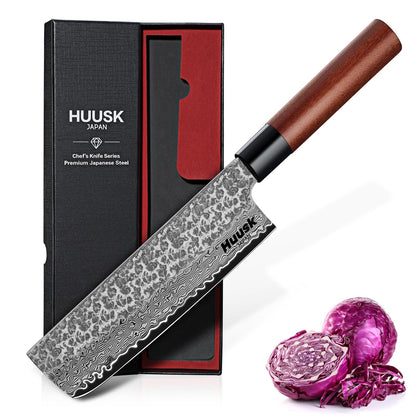 Huusk Japanese Nakiri Knife 7-Inch - Hand Forged Meat Cleaver Vegetable Chopping Knife, VG10 Damascus Chef Knives with Rosewood Handle, Japanese Kitchen Knives for Cooking, Gifts for Men