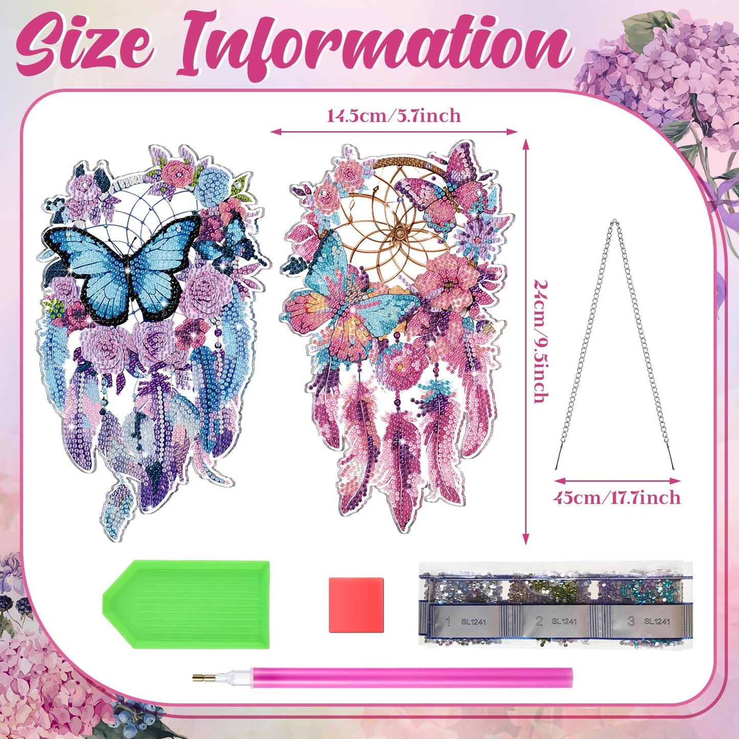 Saillong 2 Pcs Dream Catcher Diamond Art Painting Kits for Adults DIY Purple Butterfly Suncatcher Hanging Diamond Art Painting Wind Chime Hanging for Home Window Door Decor