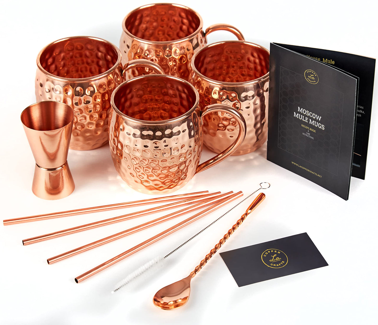 ALARUE Moscow Mule Copper Mugs Set - 4 Authentic Handcrafted 16 oz. Mugs with Accessories - Food Safe Pure Solid Copper - Gift Set with Recipe Book