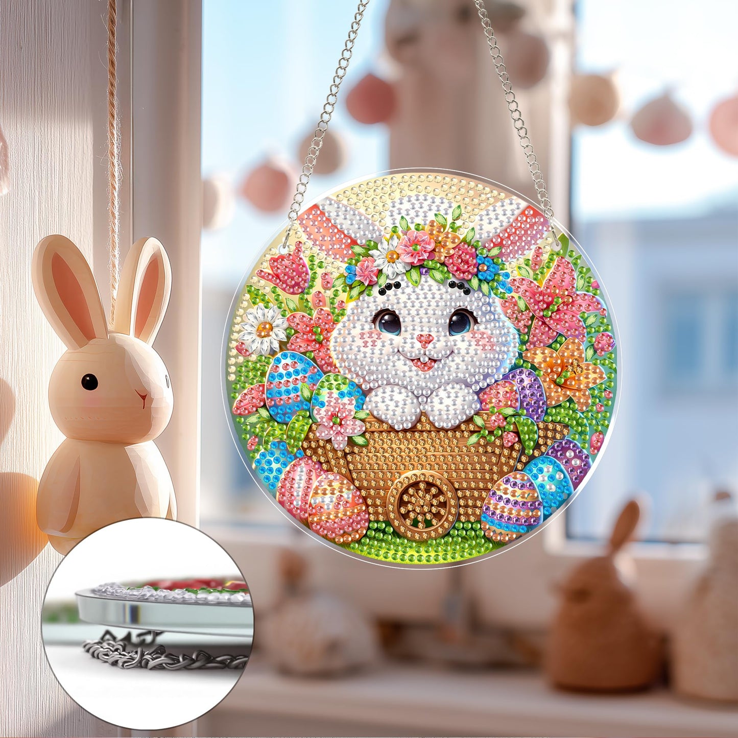 Eiflow Glass Diamond Art Kit Hanging Ornament, DIY Stained Glass Diamonds Painting Hanging Board Kit, Crystal Diamond Art Painting Pendant Full Drill (Easter Bunny)