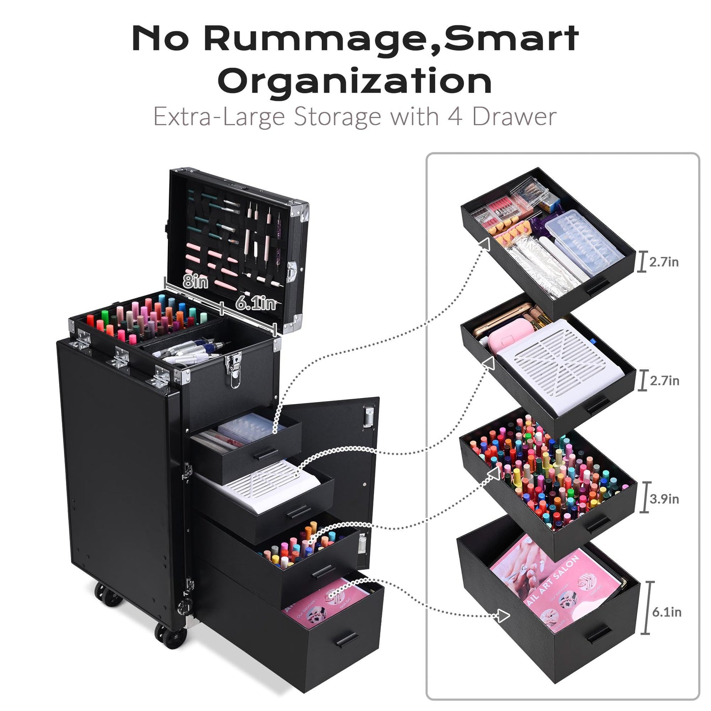 BYOOTIQUE Portable Manicure Table Nail Station Rolling Makeup Case with 4 Drawers Nail Table Storage for Makeup Artist Nail Tech Manicurist, Black, 33" x 16" x 31"