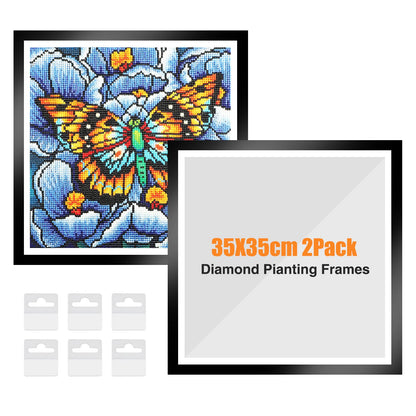 NAIMOER Upgraded 2Pack Diamond Painting Frames, Frames for 35x35cm Diamond Painting Canvas, Magnetic Diamond Art Frame Self-Adhesive, Diamond Painting Frames with Hooks for Wall Window Door (Black)