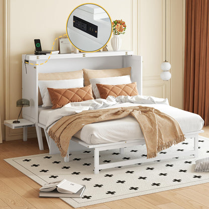 Queen Size Murphy Bed Cabinet with Charging Station,Mobile Cabinet Bed Murphy Chest Bed,Cabinet Bed Queen with Removable Shelves,Space Saving Murphy Bed for Bedroom,Guest Room,Office,White