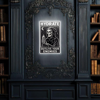 Grim Reaper "Hydrate" LED Neon Sign, Gothic Room Decor Aesthetic, Cool Neon Signs for Gaming Room, White Dimmable Acrylic Light with Printed Skeleton Art, 16.53x11.22"