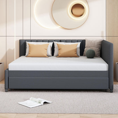 Merax Upholstered Daybed with Trundle, Gray Linen Full Size Sofa Bed Frame, No Box Spring Needed