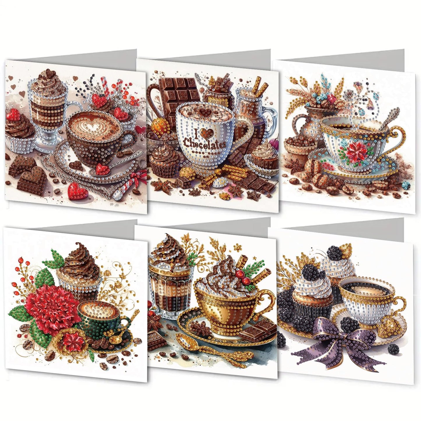 pigpigboss 6 Packs Coffee Dessert Diamond Painting Greeting Cards Kit, Crystal Rhinestones Flower Cupcake Diamond Art Birthday Card with Envelopes for Beginner Adult Holiday Blessing