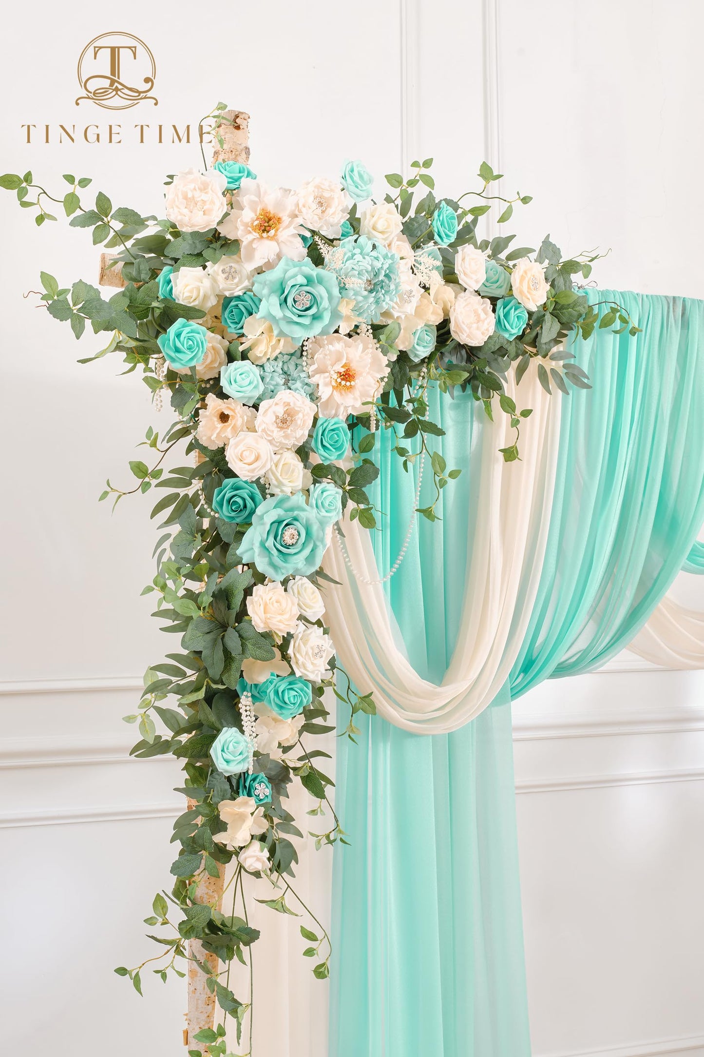 TINGE TIME Wedding Arch Flowers Kit - Deluxe 5pcs Artificial Floral Swag with 3 Sheer Drapes, Realistic Silk Flower Arrangements for Wedding Ceremony Arbor Backdrop Reception Party Home Decor