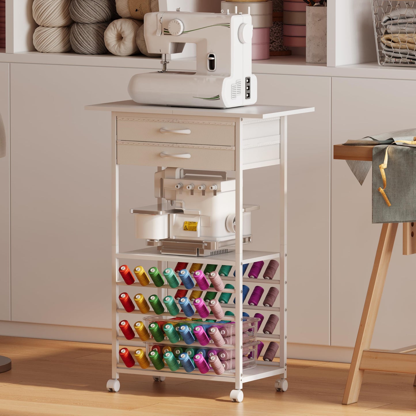 NinPeen Rolling Sewing Machine Table with 2 Fabric Drawers，Craft Table on Wheel with Spools Thread Holder，Portable Sewing Cabinet for Embroidery Machine with 3 Open Shelves for Small Spaces (White)