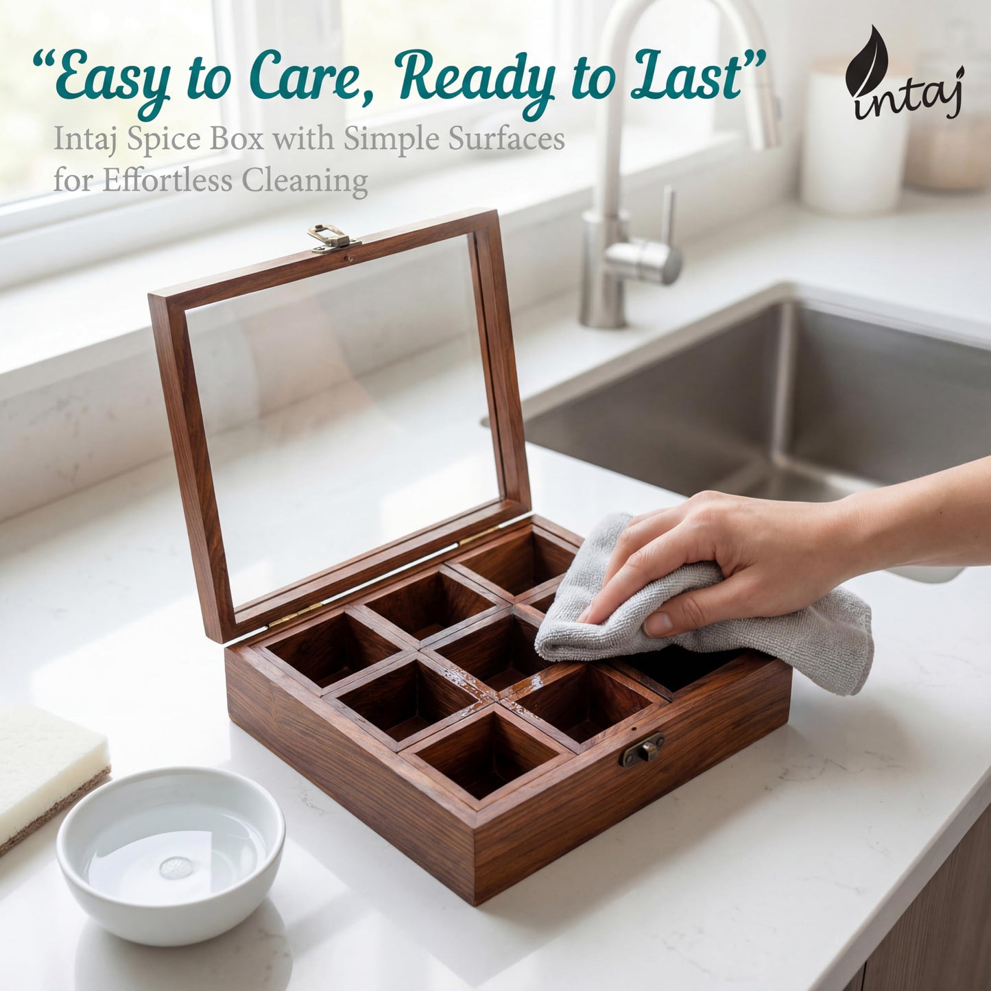 INTAJ Wooden Spice Box Organizer Square Masala Dabba 9 Compartment Seasoning Herb Container Cabinet Pantry Drawer Rack Storage Countertop Shelf Gift For Kitchen Home Cooks Display Set Organiser