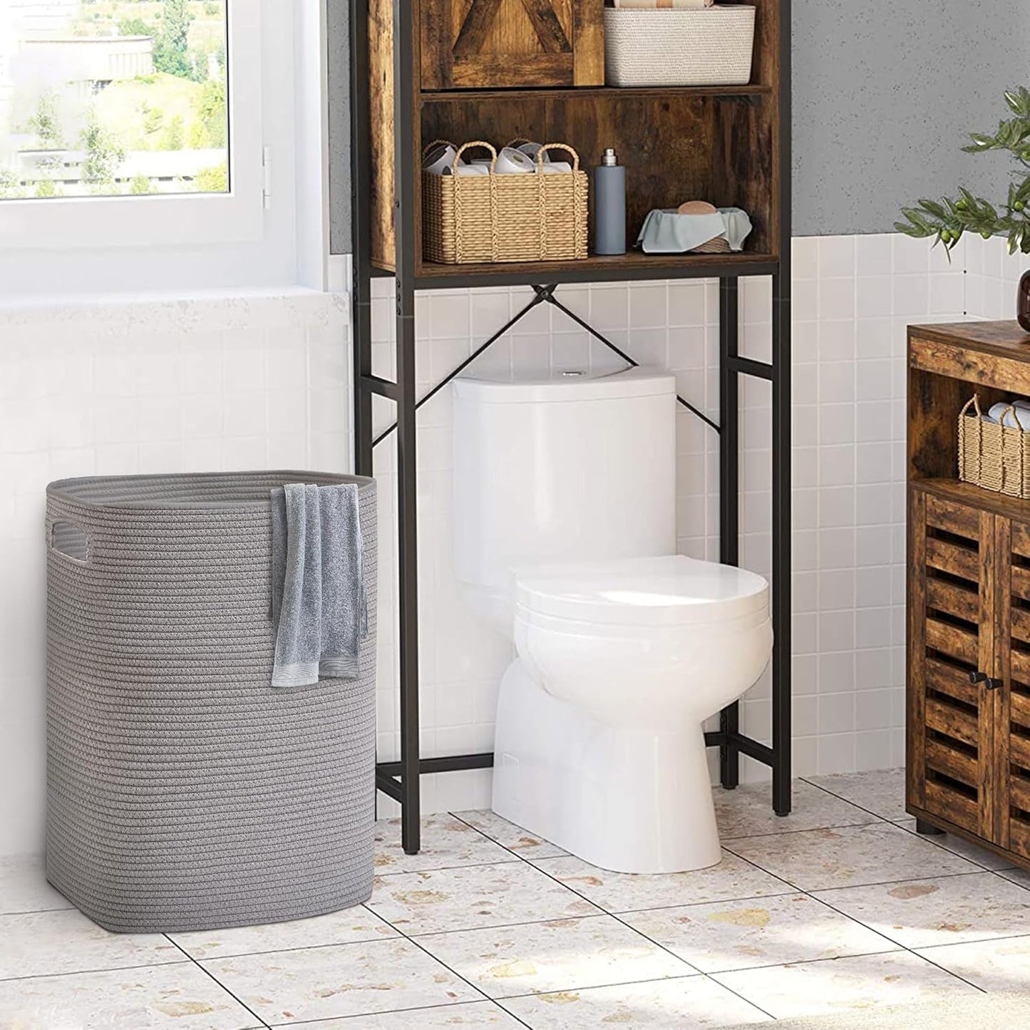Large Gray Laundry Hamper, 16"x13"x22", Tall Woven Cotton Rope Basket for Dirty Clothes, Soft Laundry Bin, 75L