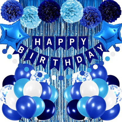 Blue Birthday Party Decorations - Skiennix Happy Birthday Banner & Balloons | Navy & Light Blue Pom Poms