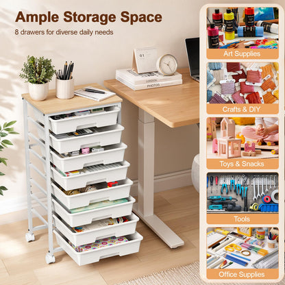 LEHOM Rolling Storage Cart with 8 Drawers, Utility Cart on Wheels with Metal Frame and Wooden Tabletop for Living Room Bedroom Dorm, Office Storage & Art Supply Craft Organizer for Classroom