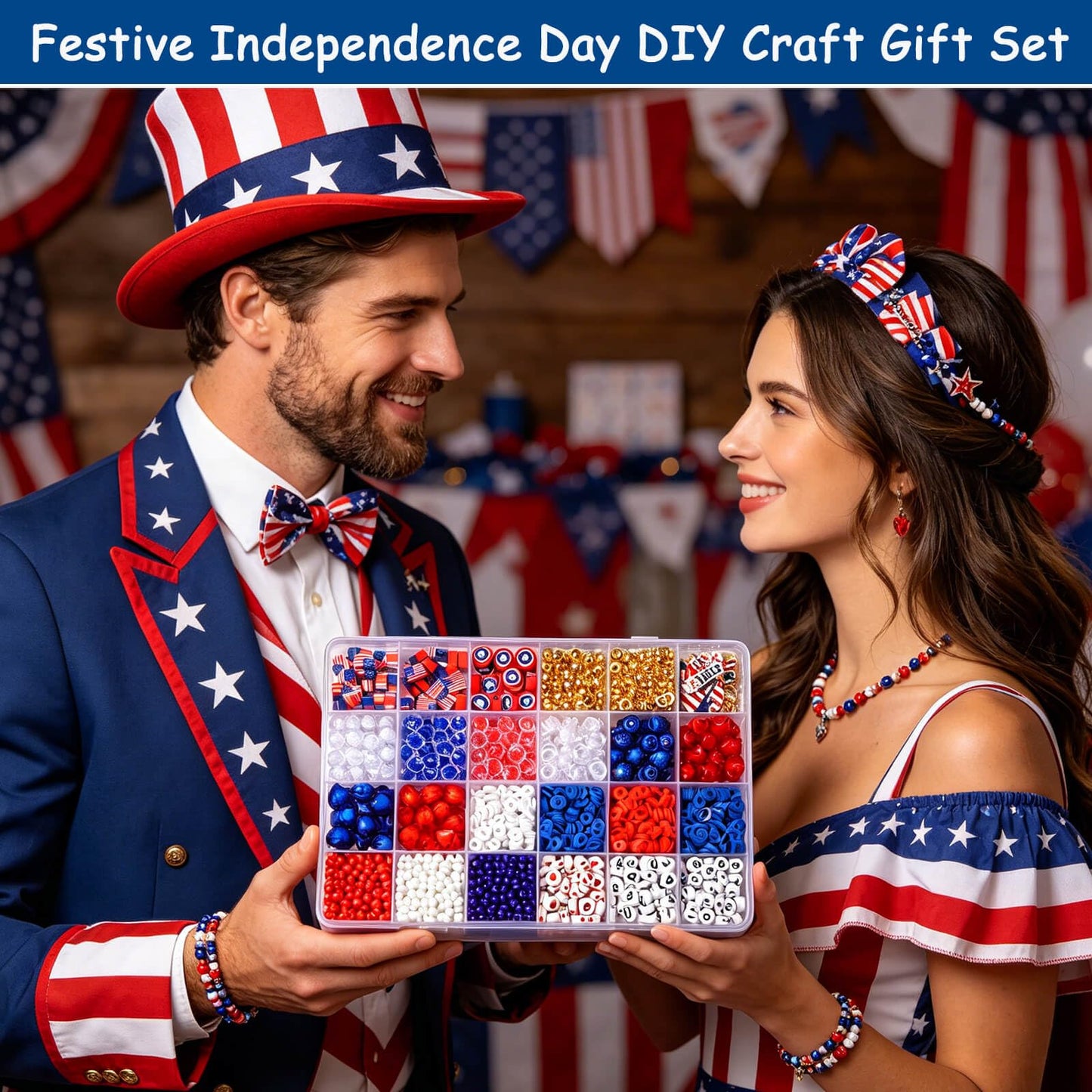 2360+ Pcs 4th of July Beads for Jewelry Making, Red White Blue Patriotic Bead Kit for Bracelets Necklace Craft Supplies Including Clay Charms USA Letter Beads Star Spacer Charms for Independence Day