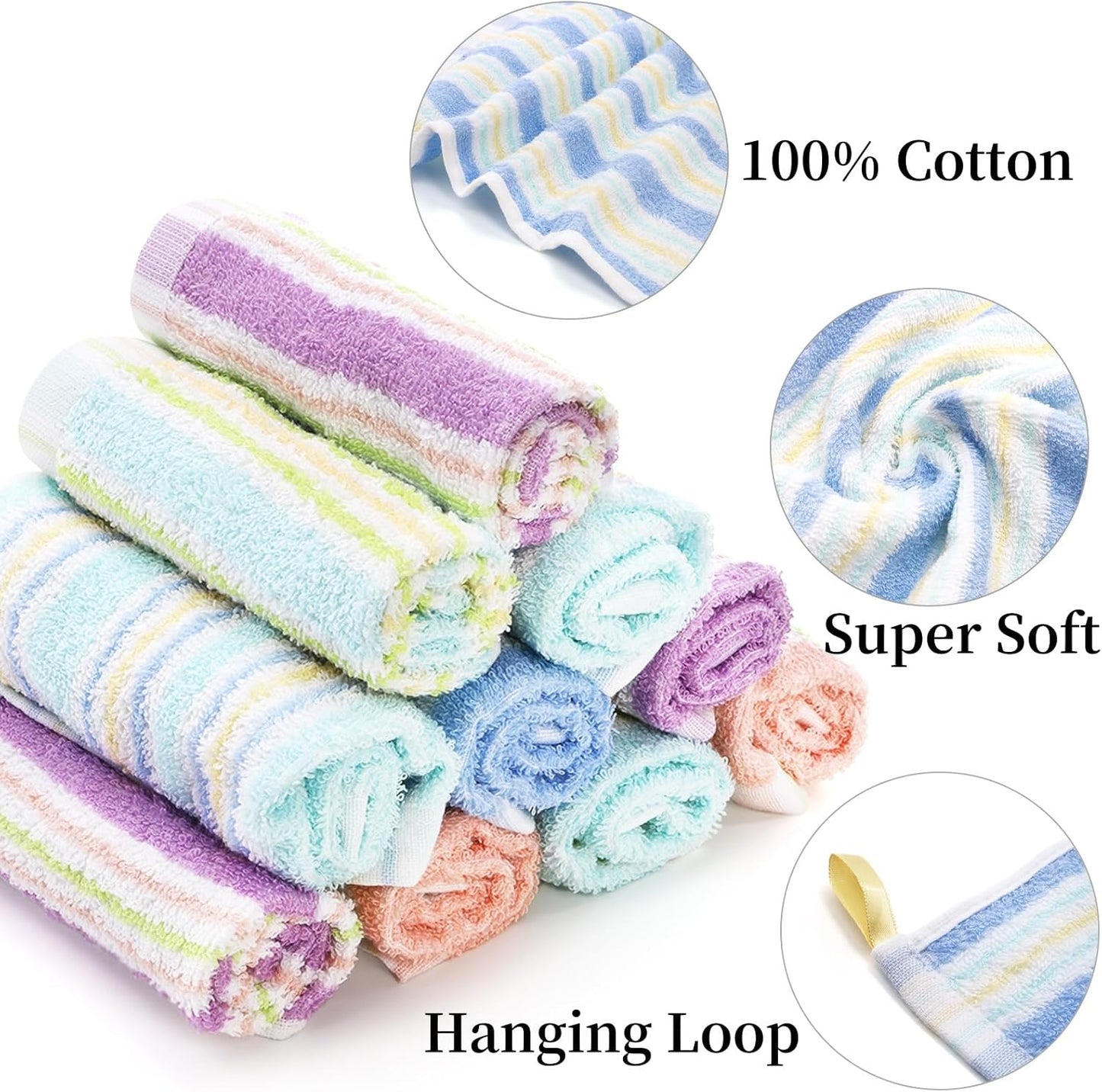 20 Pack 10x10 Inch 5 Pumtus Small Face Wash Cloths, Cotton Soft Hand Towel, Comfortable Striped Fingertip Towel