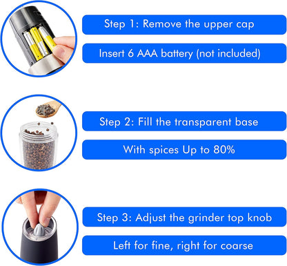 Gravity Electric Pepper and Salt Grinder Set, Battery Operated Mill with Blue LED Light, One Hand Operation, Adjustable