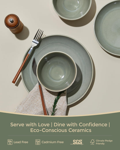 Pokini Stoneware Dinnerware Sets Service for 12, 36 pcs Reactive Glaze Plates and Bowls Sets, Handmade Ceramic Dish Set, Highly Chip and Crack Resistant Modern Plate Set, Gradient Green