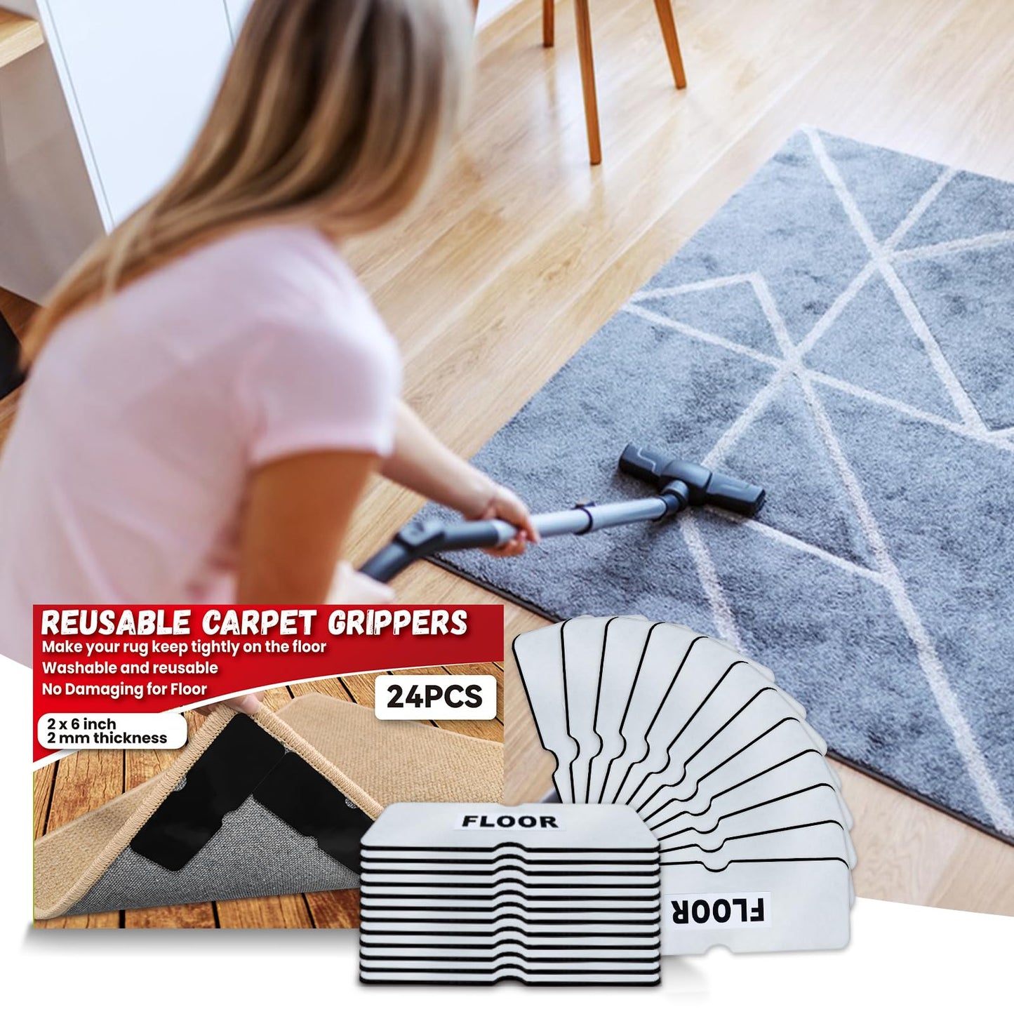 Rug Carpet Non Slip Grippers, Reusable Carpet Tape, No Damaging for Hardwood Floors, Strong Hold Rug Stickers for Area Rugs, Keep Corners Flat, Removable,16Pcs