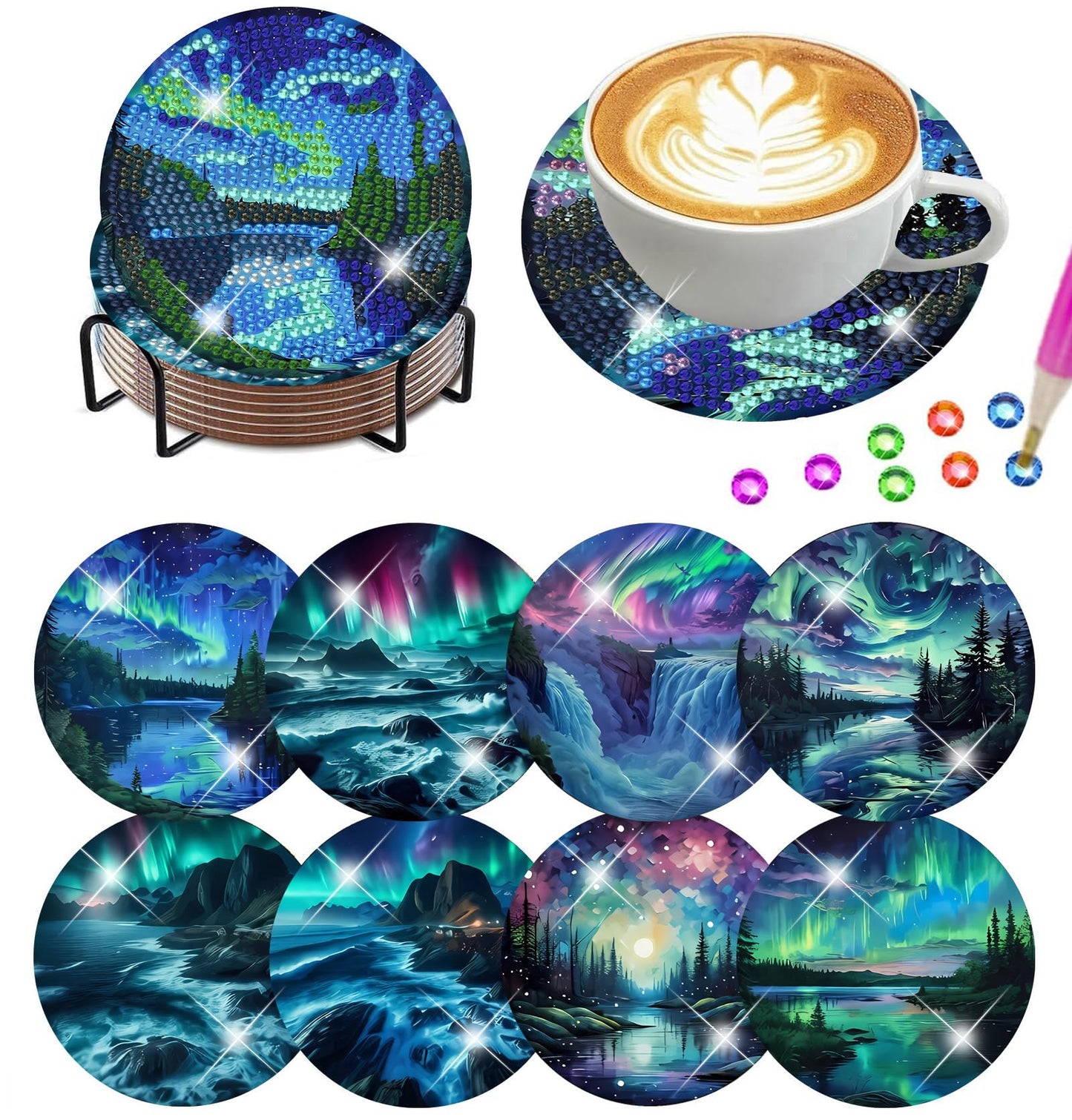 Northern Lights 8 Pcs Diamond Art Coasters Kits for Adults with Holder Cork Pads, DIY Non-Slip Diamond Painting Coasters for Home Office Decor 4x4in (Aurora)