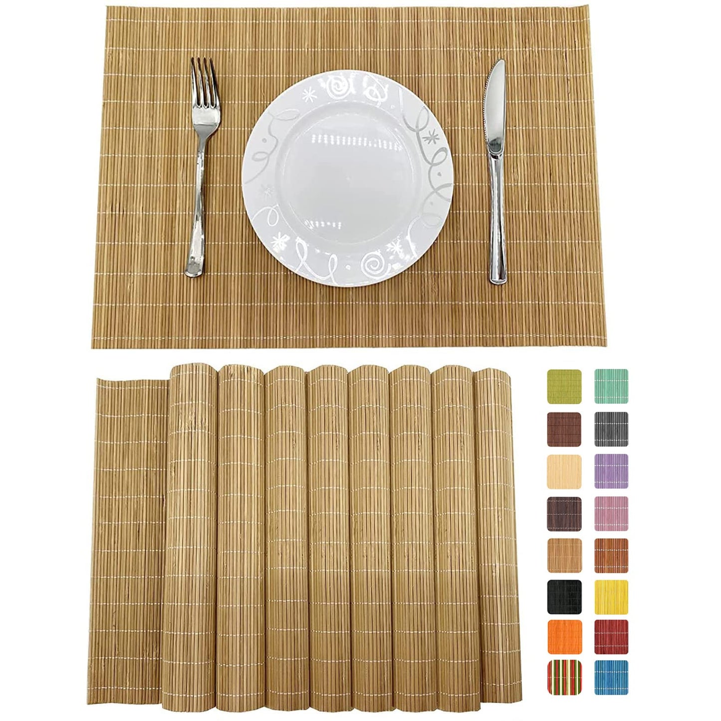 ANDSTAR Set of 8 Pcs Bamboo Placemats Sushi Rolling Mat Japanese Style Natural Anti-Slip, Washable Heat-Resistant Table Mats for Dining Room and Kitchen（Brown）