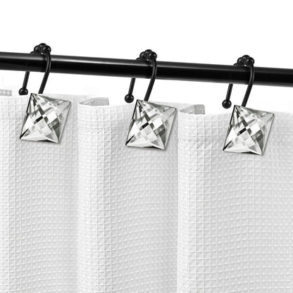 Sunlit Luxury Design Square Clear Diamond Crystal Gem Bling with Glide Balls Shower Curtain Hooks, Rust Proof Metal Rhinestones Glam Shower Curtain Rings with Black Hooks, Set of 12