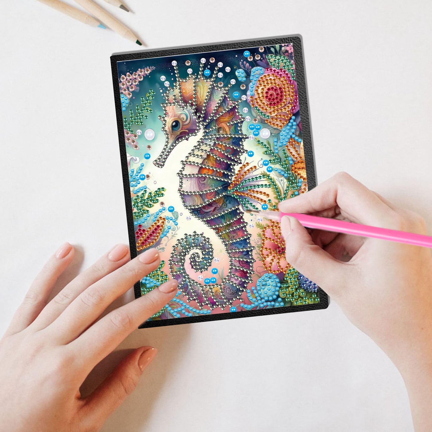 JISHSHAY Diamond Art Notebook Journal Diamond Painting Note Book Gem Art Sketchbook Gem Painting Diary Mosaic Kits for Adults Blank Notebook with Special Shaped 14.5×21cm/5.7×8.26in Sea Horse