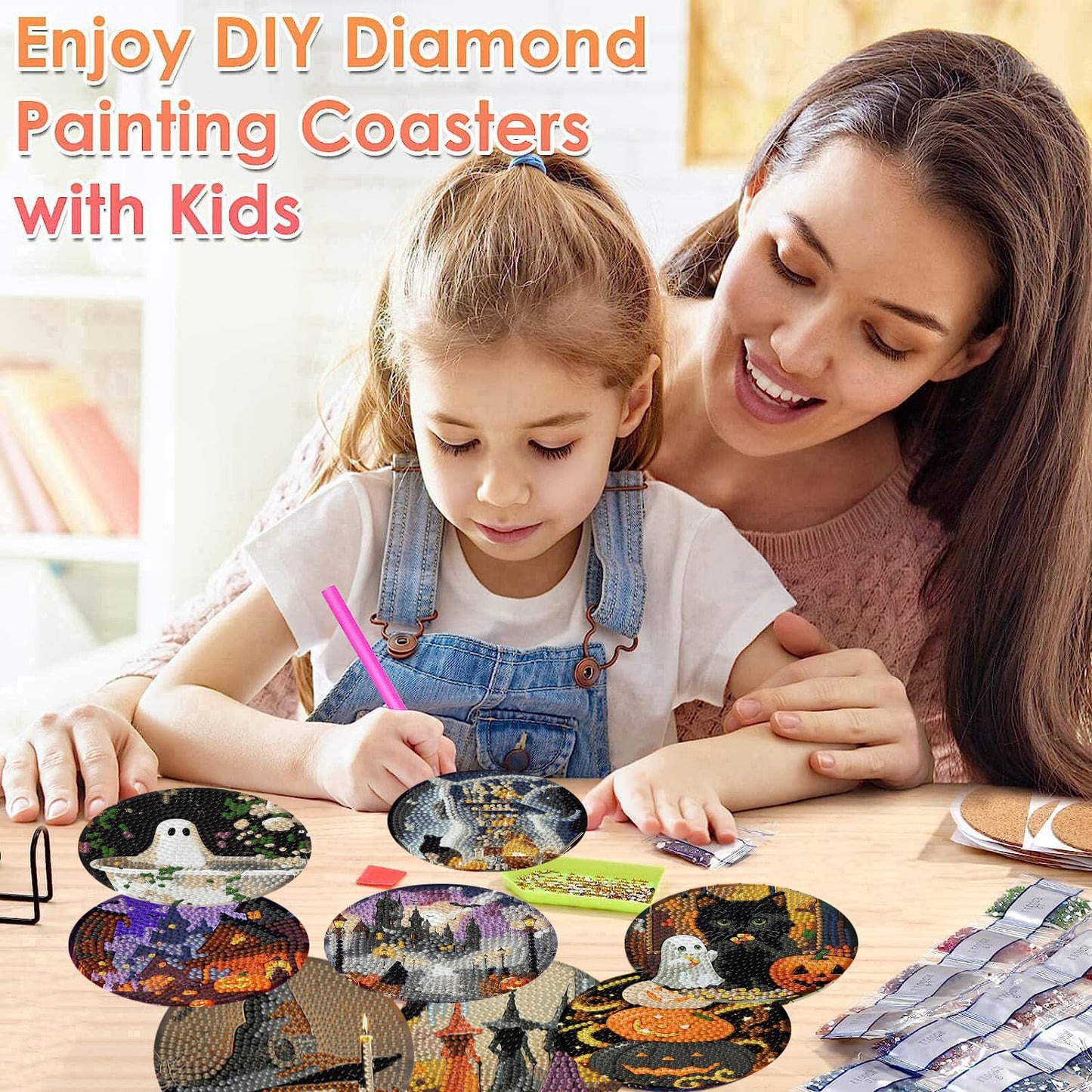 ijbnhd 8 Pack Halloween Diamond Art Coasters Kits, Halloween Diamond Painting Coasters Kit with Holder, DIY Diamonds Art Non Slip Coaster Crafts Kits for Adults Gifts 4x4 inch (Cork Wooden Pad)