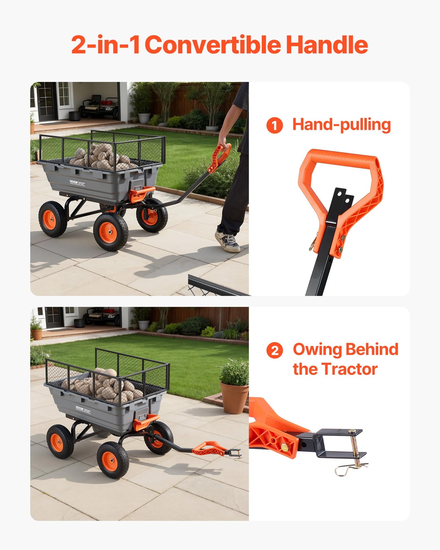 VEVOR 10 Cu.Ft 1200LBS Poly Garden Cart Dump Wagon, Heavy Duty Wheelbarrow with Convertible Handle and 13" Flat Free Tires, Outdoor Yard Wagon ATV Trailer Dump Cart Tow Behind for Lawn Mower Tractor
