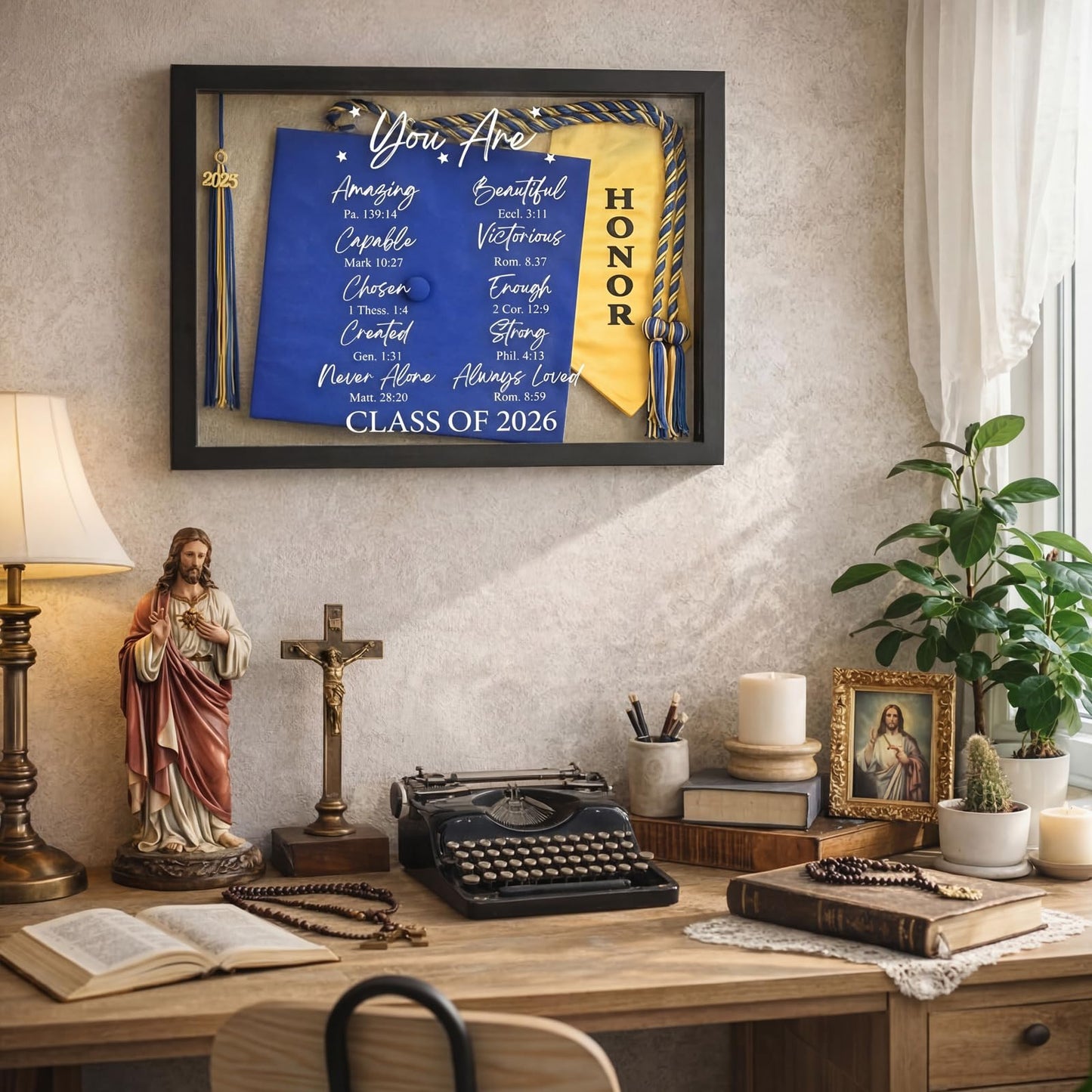Wenqik Christian Graduation Shadow Box 12.6 x 16.54 Inch Graduation Party Decoration Inspirational Bible Verse Shadow Box Frame for Class of 2026 Wooden Display Case with Stick Pins Gift Black Frame