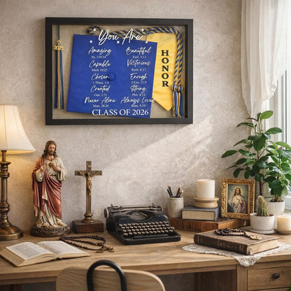 Wenqik Christian Graduation Shadow Box 12.6 x 16.54 Inch Graduation Party Decoration Inspirational Bible Verse Shadow Box Frame for Class of 2026 Wooden Display Case with Stick Pins Gift Black Frame