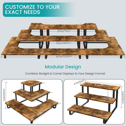 ELITEROO 3 Tier Wooden Retail Display Shelves, Portable Display Rack for Retail Counter Top Craft Shows, 3 Step Corner Tiered Table Display Tower Stand for Cupcake Jewelry Card Sticker Display