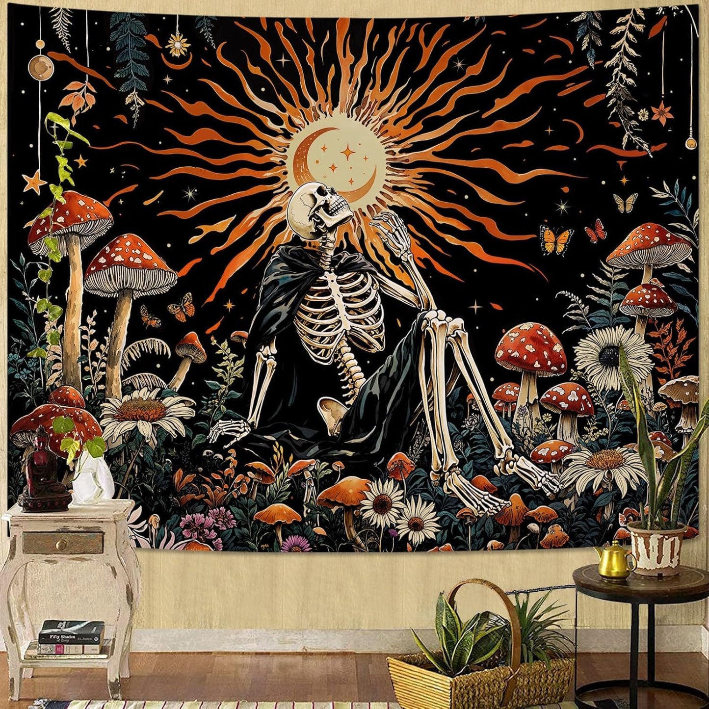Kanuyee Fantast Meditating Skeleton Tapestry Mushroom Wall Art Tapestries Gothic Boho Room Decor Aesthetic Wall Hanging for Bedroom Dorm Living Room Fantasy Art 48x36 Inch