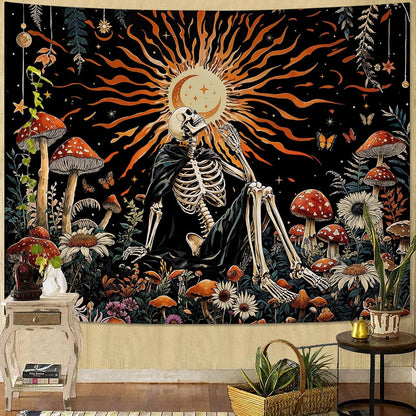 Kanuyee Fantast Meditating Skeleton Tapestry Mushroom Wall Art Tapestries Gothic Boho Room Decor Aesthetic Wall Hanging for Bedroom Dorm Living Room Fantasy Art 48x36 Inch