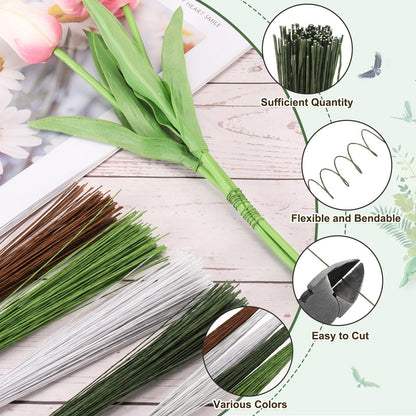 PATIKIL 200 Pcs 24 Gauge Floral Wire, 14 Inch Floral Stem Flower Paper Wrapped Wires for Flowers Crafts Bouquet Arrangement Supplies Wreath DIY Projects, White/Dark Green