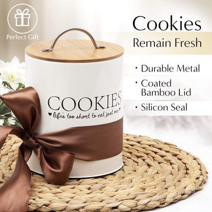 D'Lifeful Cookie Jar with Airtight Bamboo Lid – 0.6 Gallon Cute and Decorative Cookie Storage for Kitchen Countertop – Farmhouse Storage Tin for Freshness – Great Gift Idea
