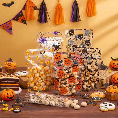 Resholder 60 Pcs Halloween Sealing Gift Bags Plastic Halloween Candy Goodie Bags with Handle Trick or Treat Party Favor Handbags for Spooky Birthday Party Supplies