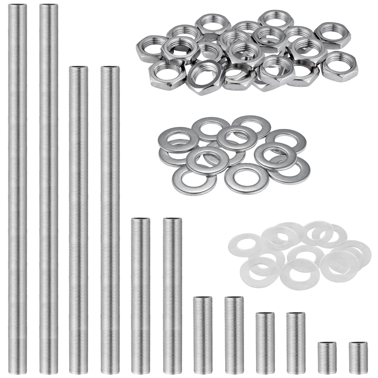 Stainless Steel Lamp Pipe,Lamp Repair Hardware Assortment,SS304 Lamp Assembly Hardware Including 10" Nipples,Washers & Locknuts.Threaded Lamp Rod for Outdoor Lamps (304 Stainess Steel)