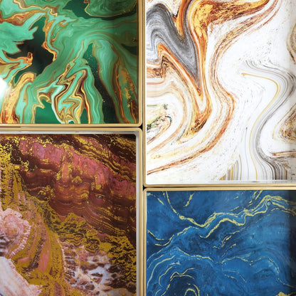 15.7"* 10.2"* 1.38" White Marbling Decorative Tray with Handles, Morden Plastic Rectangular Serving Tray for Coffee