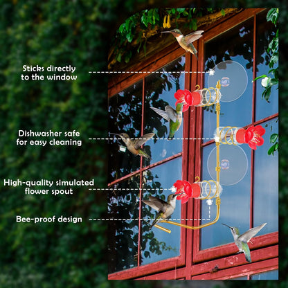 Window Hummingbird Feeder 3 Station, Handcrafted Copper Modern Feeder with Flower Ornament for Bird Lover Gift