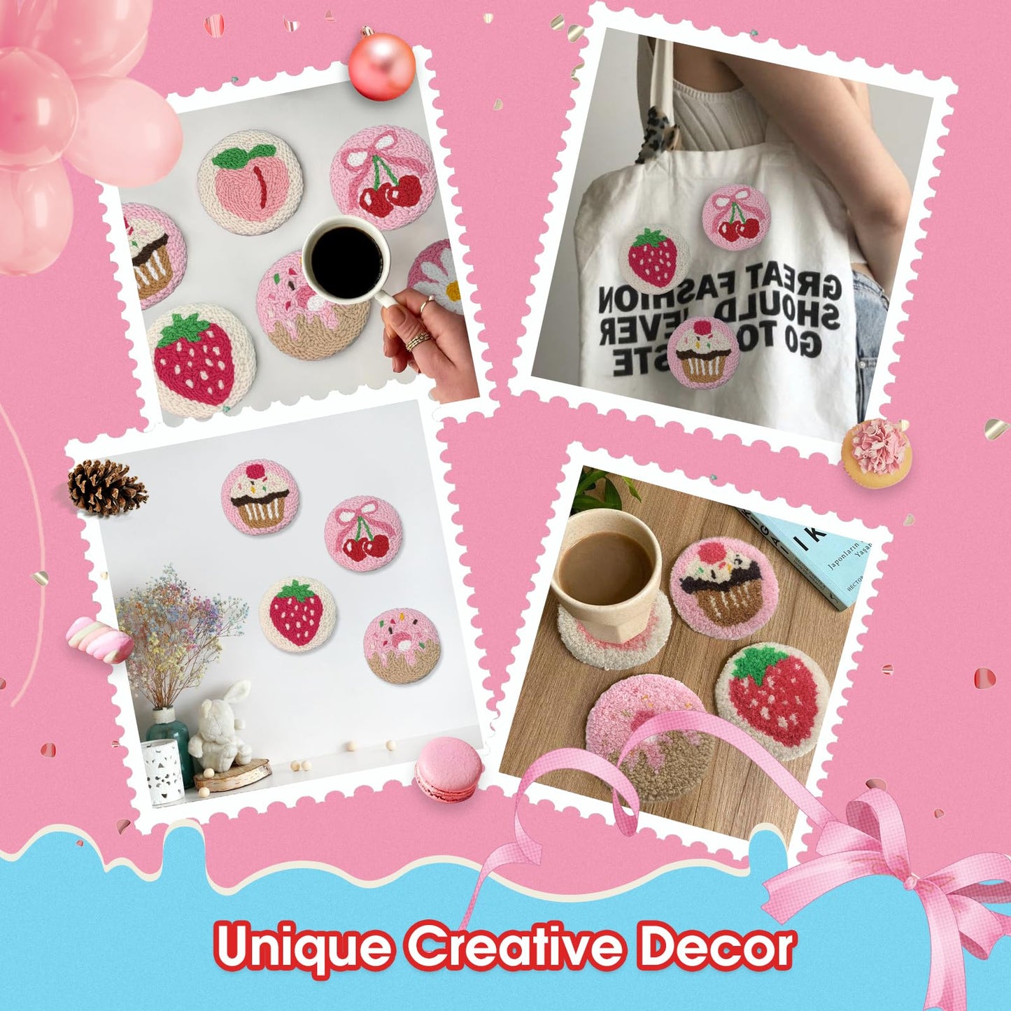 yuegool 6PCS Punch Needle Coaster Kit, Easy DIY Embroidery Set for Beginners & Adults with Patterns, Tools, Yarns, Hoop, Instructions & Coaster Holder