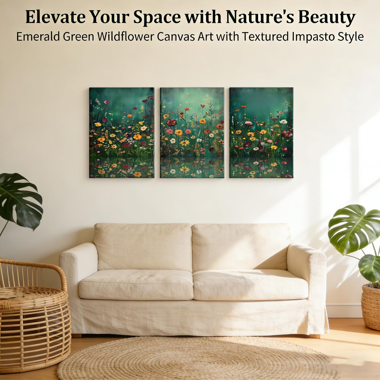 GEFQBBLD 3 Piece Canvas Wall Art Set, Emerald Green Wildflower Meadow Prints, Textured Impasto Boho Floral Decor for Living Room Bedroom 12x16 unframed