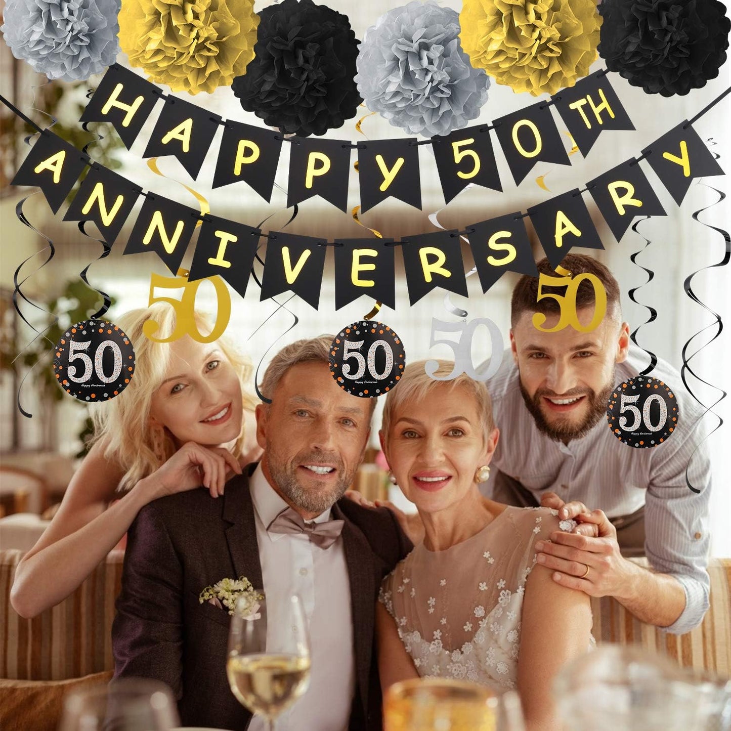 50th Wedding Anniversary Decorations Kit, Gold Glitter Happy 50th Banner, Sparkling 50 Hanging Swirls, Poms