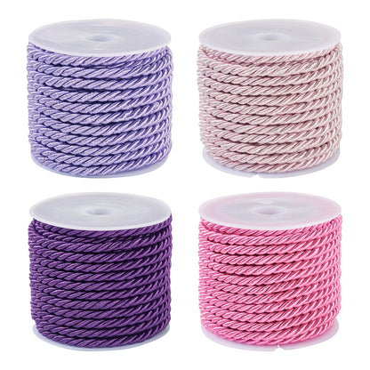 Pandahall 4 Rolls 3mm Polyester Twine Cords Purple Braided Twisted Ropes Decorative Braided Cording Thread String Pink Twisted Silk Rope Cords for Home Decor Curtain Sewing Gift Wrapping